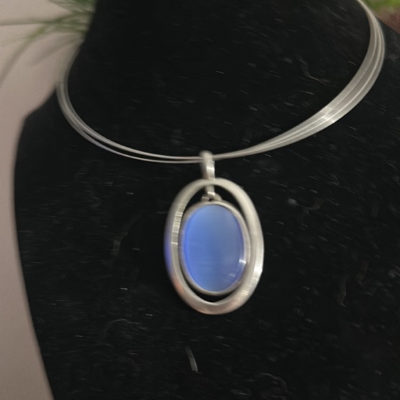 Sterling silver choker blue cats eye oval pendent cool - Picture 4 of 4